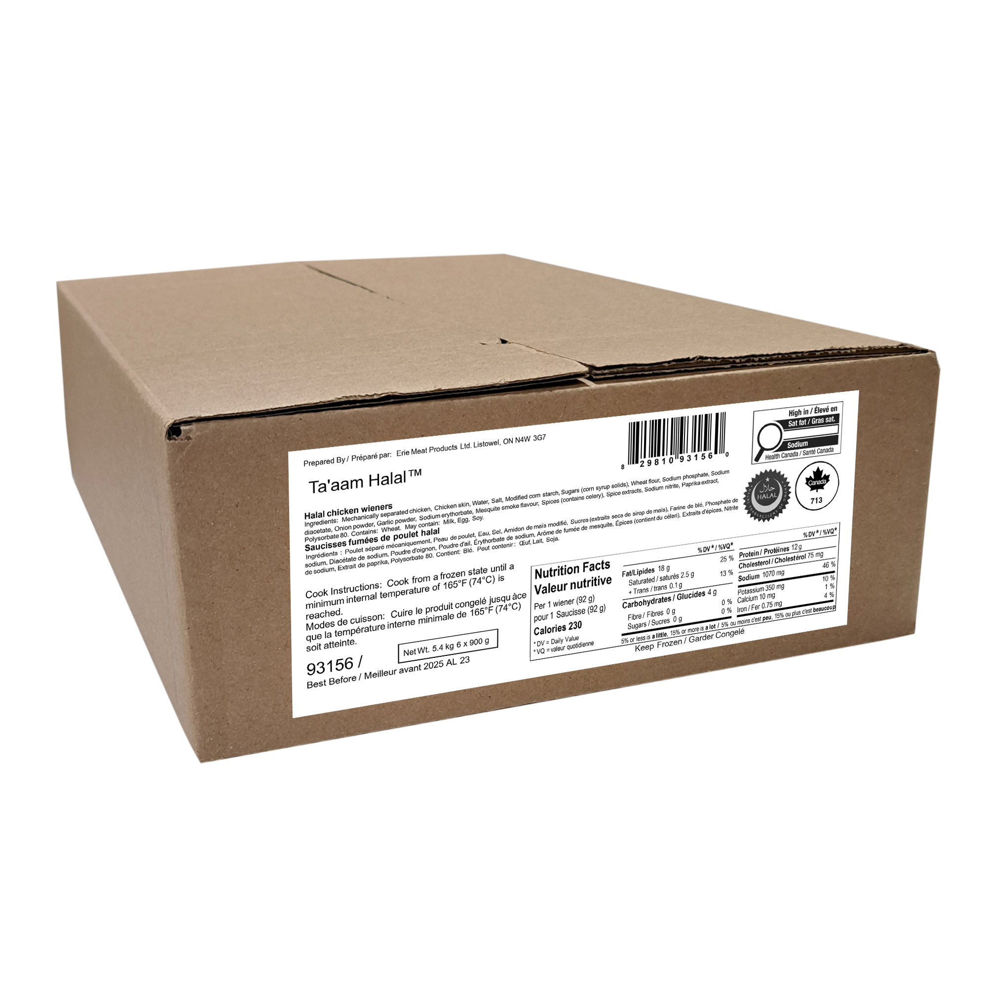 Ta’aam Halal Chicken Wieners — carton back