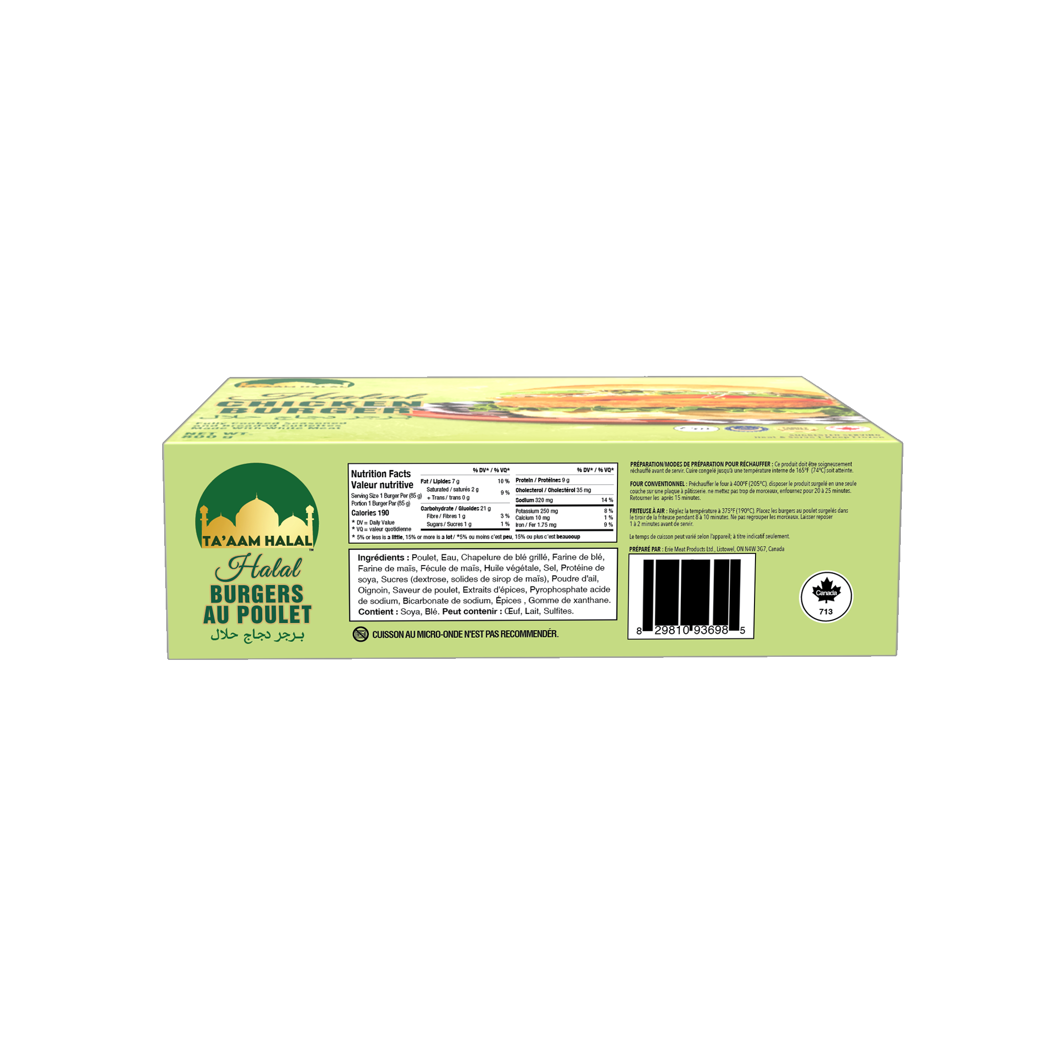 Ta’aam Halal Chicken Burger — nutrition side french