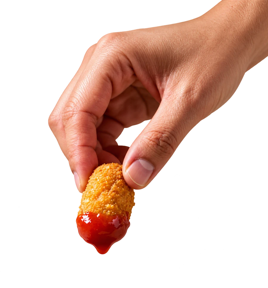 A hand holding a golden chicken nugget dipped in ketchup.