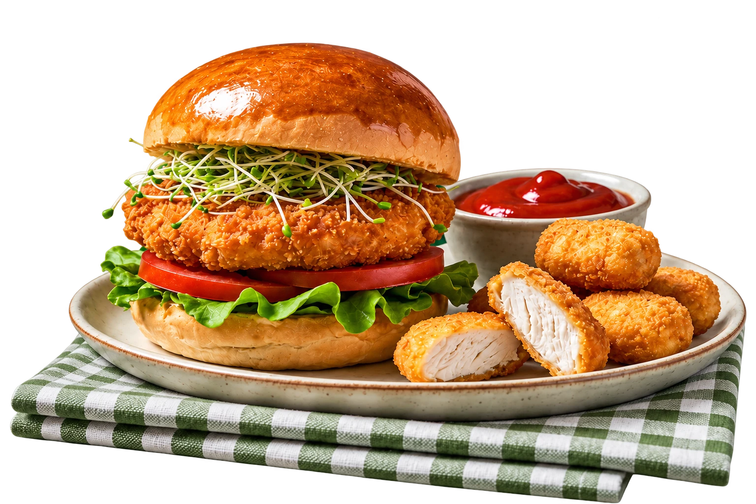 A crispy chicken burger, nuggets and ketchup on a ceramic plate with a folded green gingham cloth.