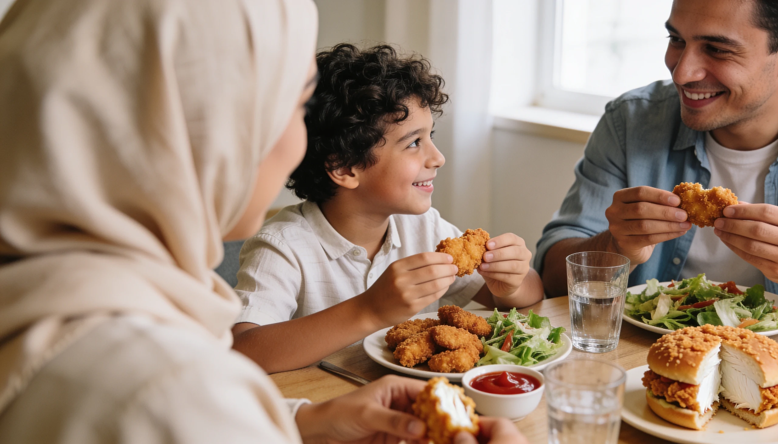A family enjoying breaded chicken and salad together at the dinner table.