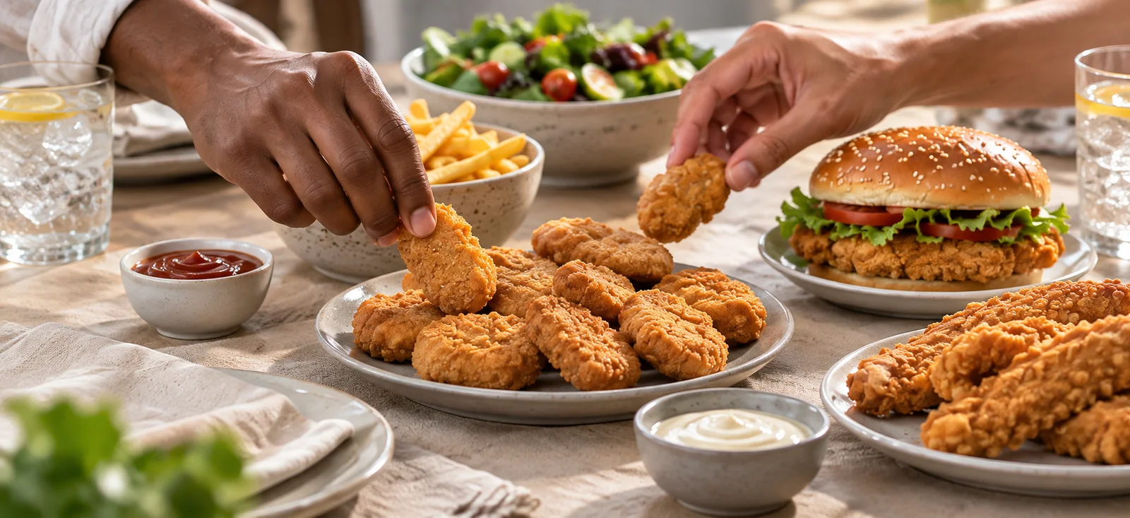Hands sharing chicken nuggets, a chicken burger and strips around a table