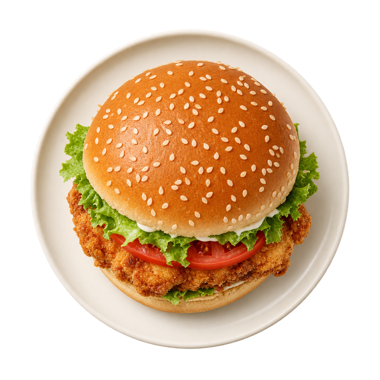 Crispy chicken burger on an ivory plate
