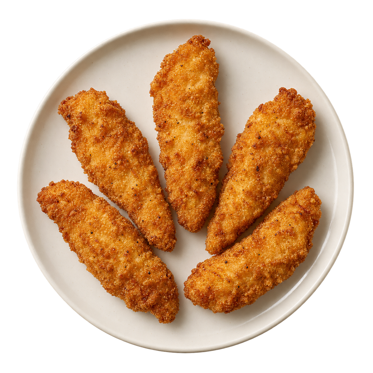 Golden breaded chicken strips on an ivory plate