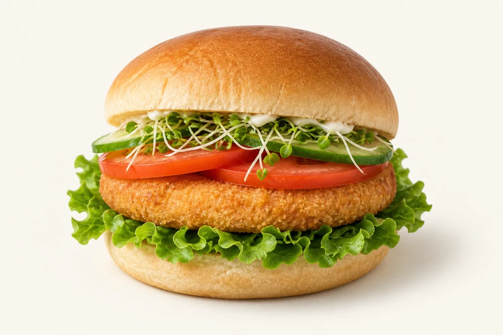 A breaded chicken burger with lettuce, tomato, cucumber and sprouts.