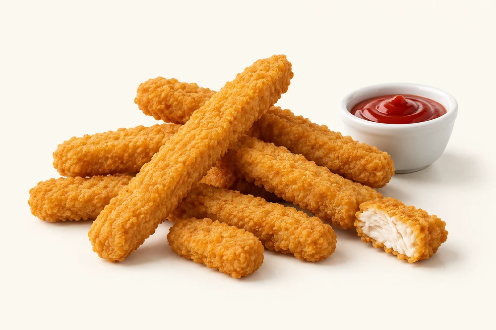 Golden breaded chicken fries beside a small bowl of ketchup.