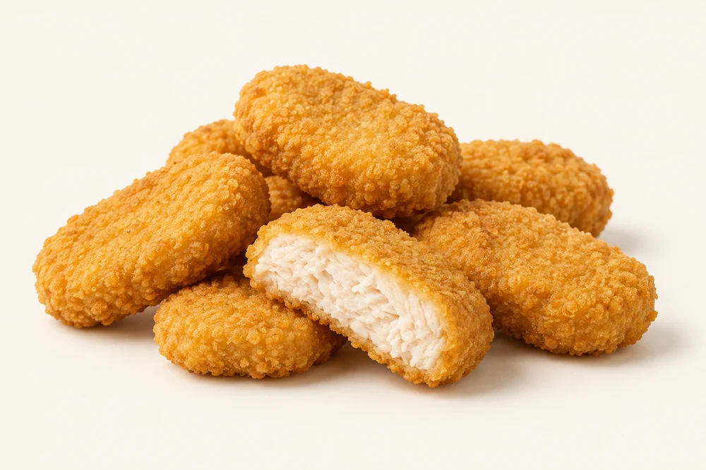 Golden breaded chicken nuggets, with one cut open to show the white-meat centre.
