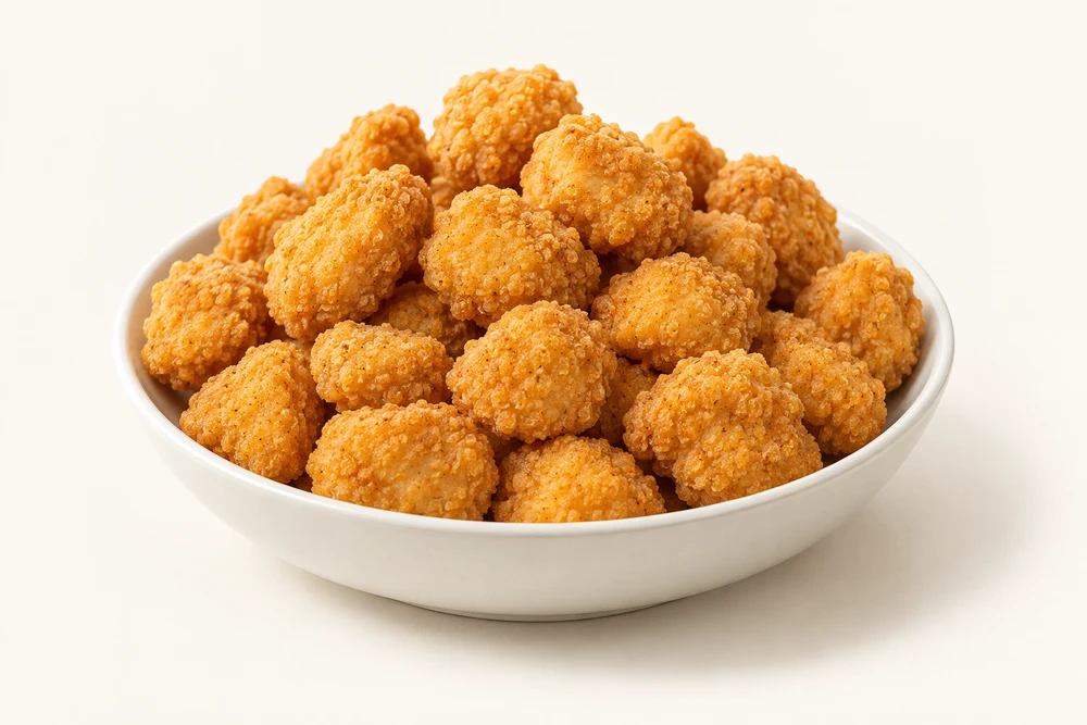 Bite-sized golden popcorn chicken in a white bowl.