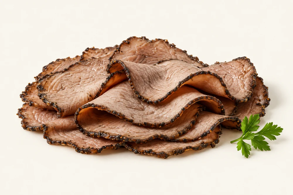 Thinly sliced cooked roast beef arranged in overlapping folds.
