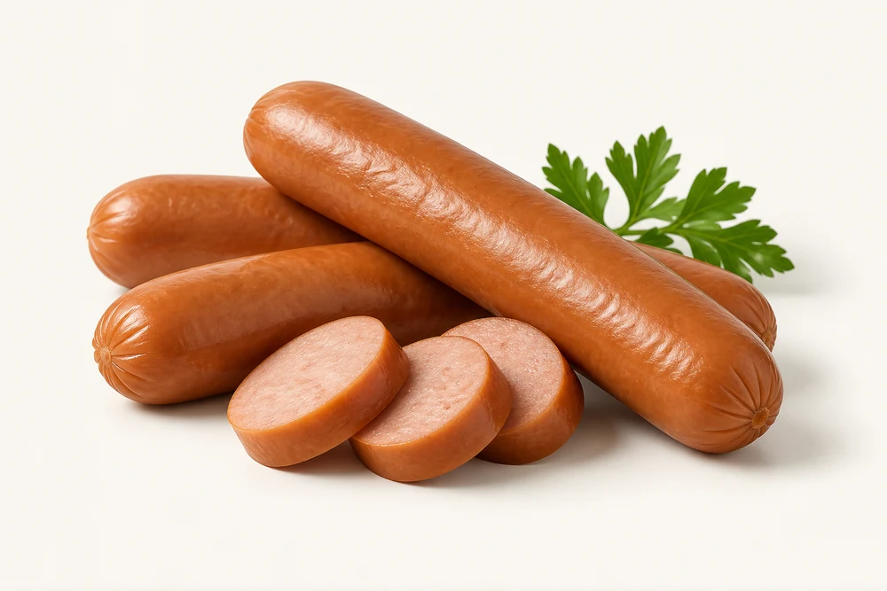 Cooked chicken wieners with diagonal slices and parsley.
